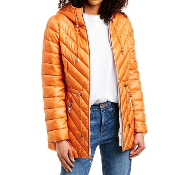 French Connection Jacket Hood Lightweight Chevron Quilted Packable Orange S NWT - Picture 5 of 16
